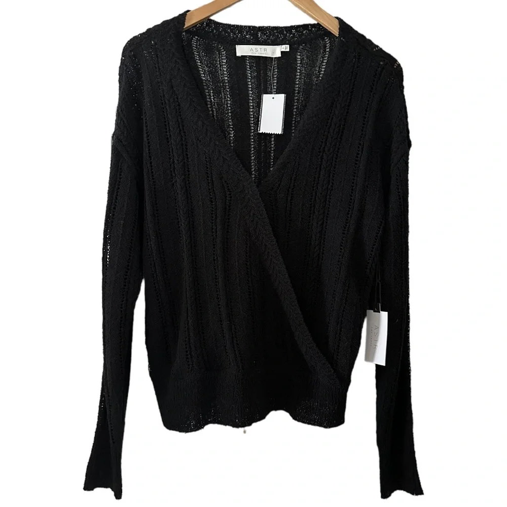 ASTR the Label Black Faux Wrap Pointelle Knit Sweater - Picture 5 of 16